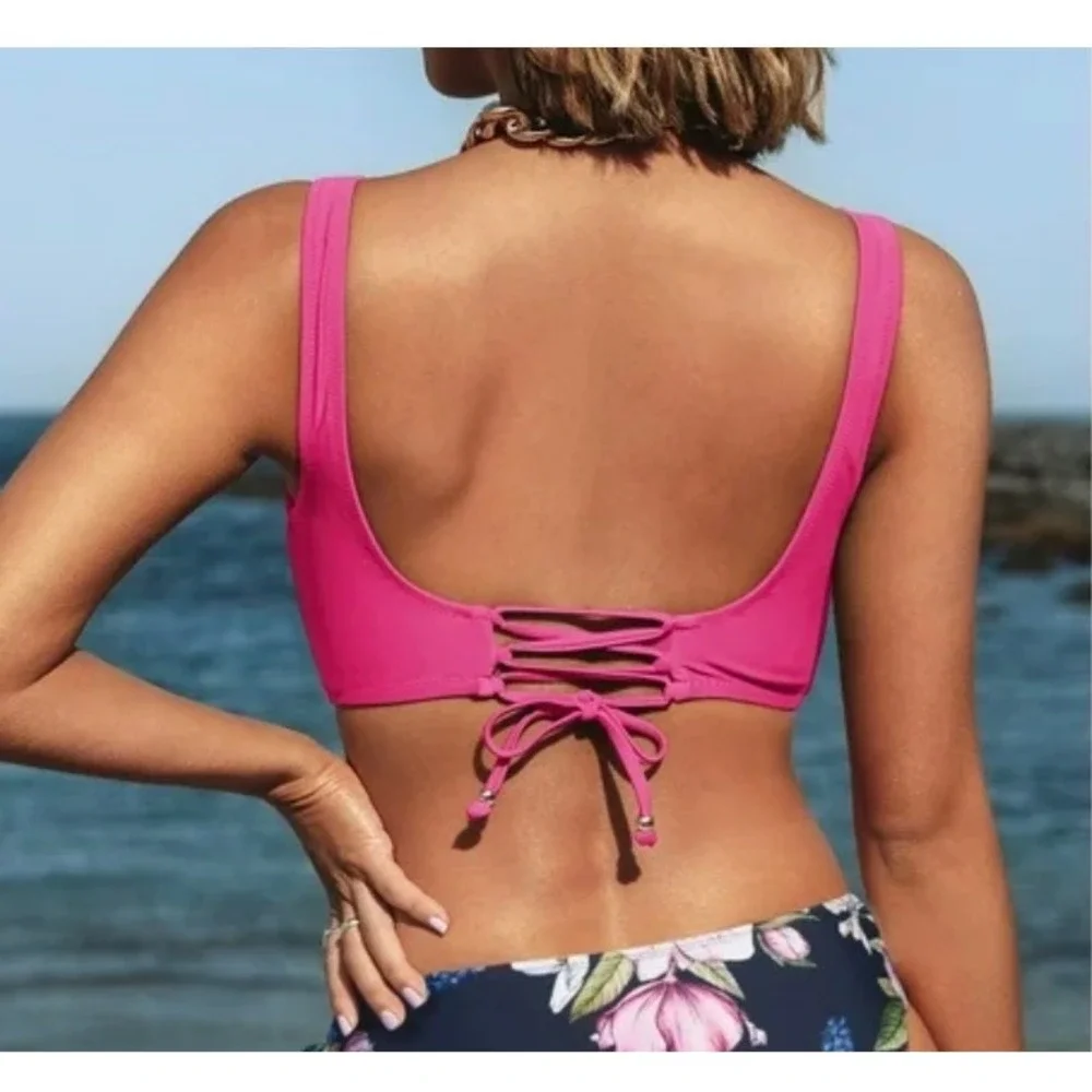 Cupshe Womens Hot Pink Surplice Wrap Lace‎ Up Bikini Top Size Small Beach Barbie